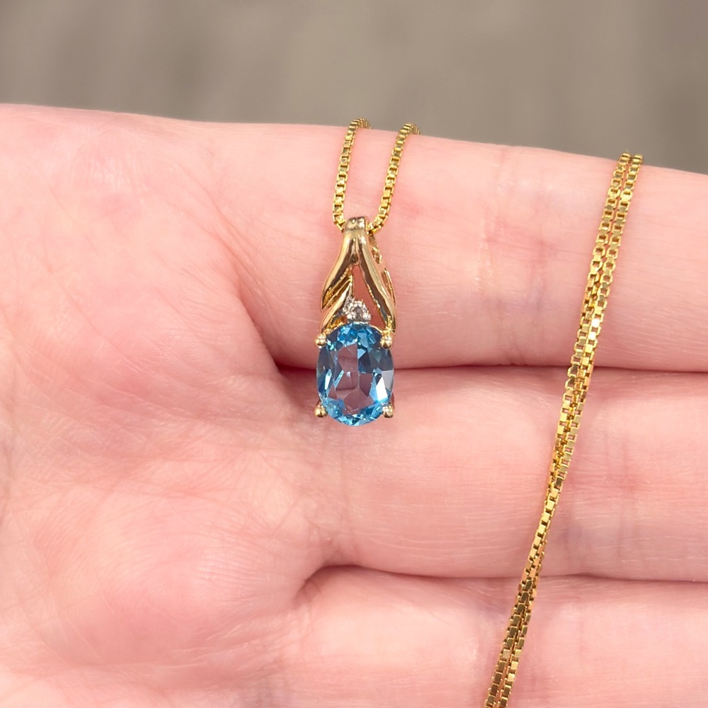10K Blue Topaz Diamond Pendant: Dainty Small Gold Oval Solitaire Filigree Piece - Picture 3 of 11